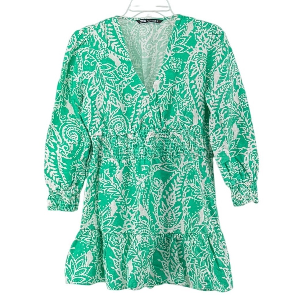 Zara Green Paisley Smocked Mini Dress Medium Festival Stagecoach Boho Spring